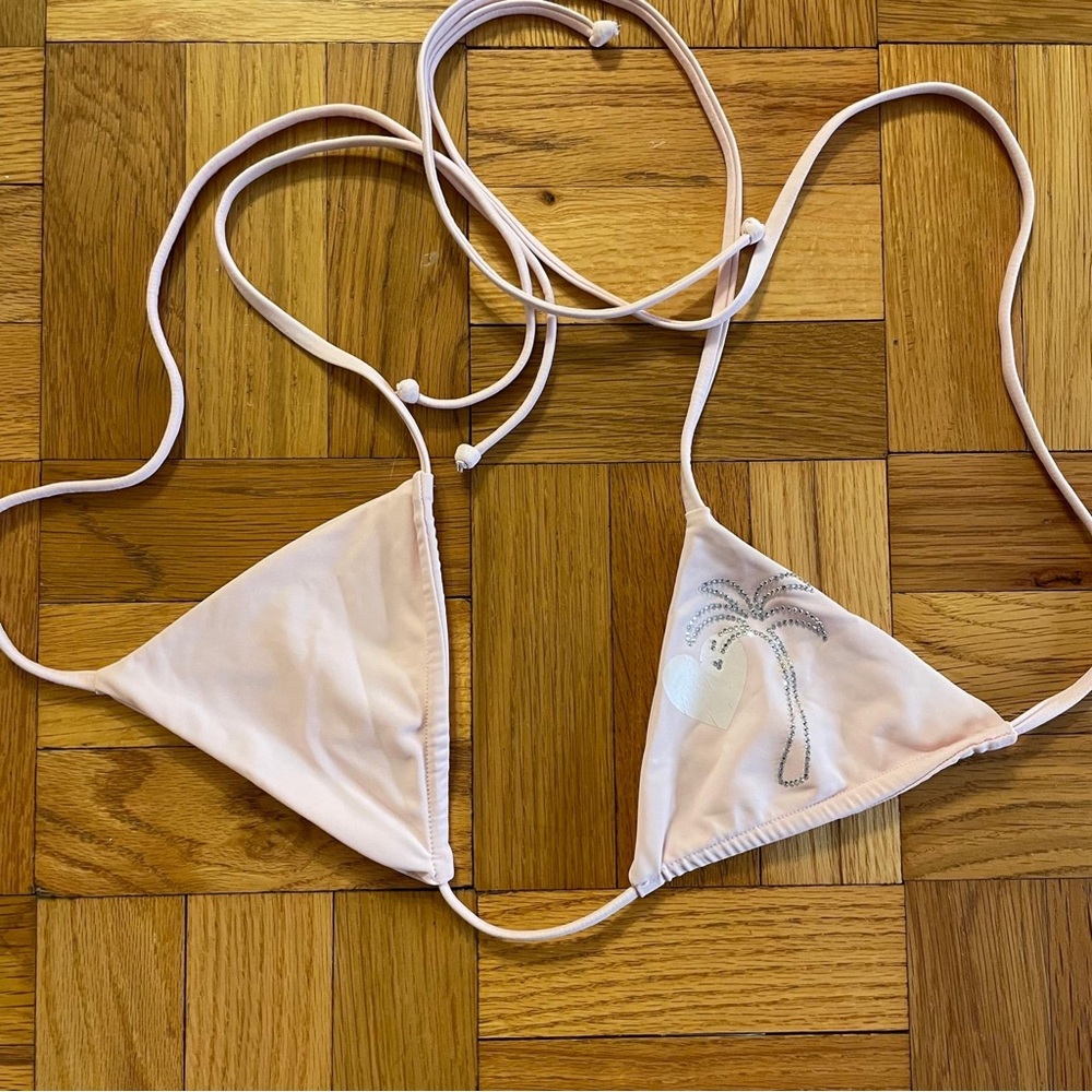 Frankie’s Bikinis Pink Palm Tree Embellished Bikini Top Size Small Y2K